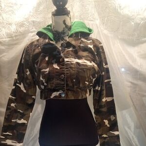 Miss 16 Women's Cropped Camouflage Utility Jacket with Green Hood
